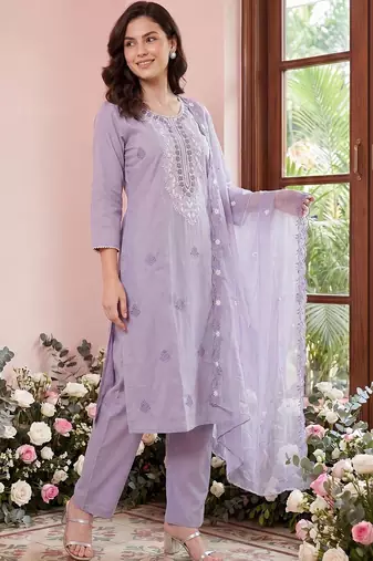 Women Ethnic Motifs Embroidered Chikankari Kurta with Trousers & With Dupatta