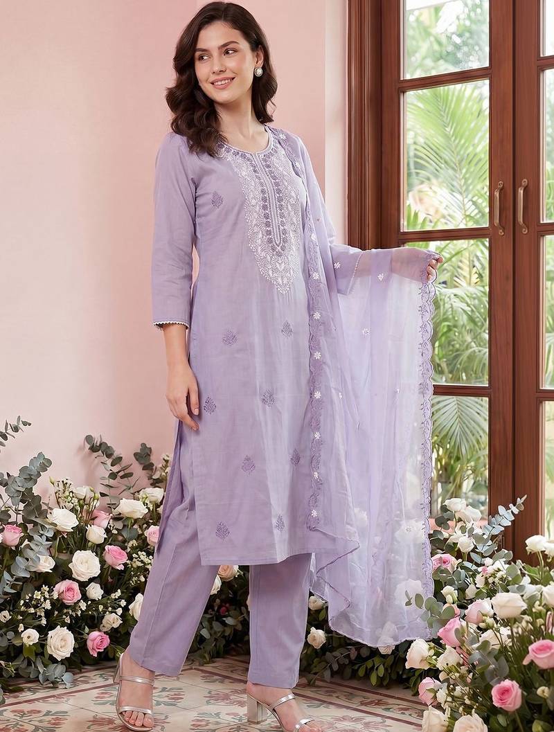 Women Ethnic Motifs Embroidered Chikankari Kurta with Trousers & With Dupatta