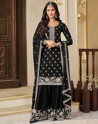 black embroidered chinon silk blend  plazzo suit readymade wedding wear kurta plazzo with dupatta set 1