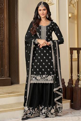 black embroidered chinon silk blend  plazzo suit readymade wedding wear kurta plazzo with dupatta set