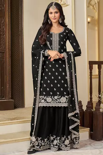 black embroidered chinon silk blend  plazzo suit readymade wedding wear kurta plazzo with dupatta set