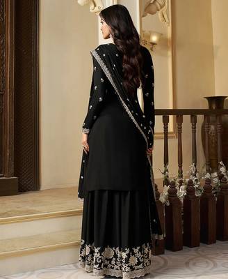 black embroidered chinon silk blend  plazzo suit readymade wedding wear kurta plazzo with dupatta set 2
