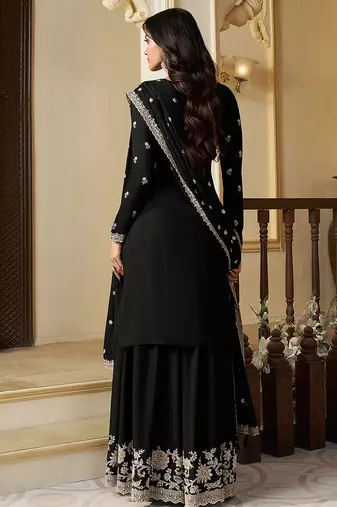 black embroidered chinon silk blend  plazzo suit readymade wedding wear kurta plazzo with dupatta set