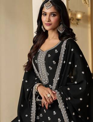 black embroidered chinon silk blend  plazzo suit readymade wedding wear kurta plazzo with dupatta set 3