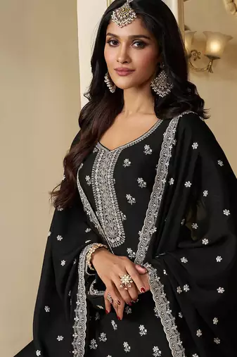 black embroidered chinon silk blend  plazzo suit readymade wedding wear kurta plazzo with dupatta set