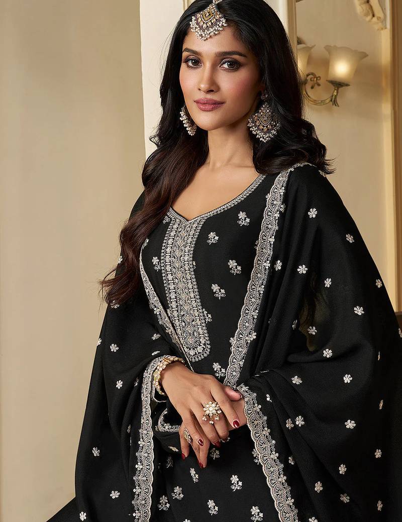 black embroidered chinon silk blend  plazzo suit readymade wedding wear kurta plazzo with dupatta set