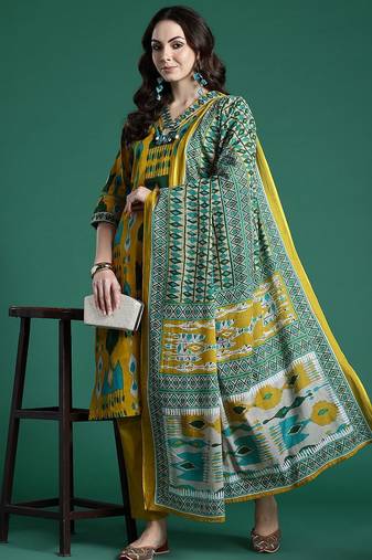 Geometric Printed Cotton Kurta with Trousers & Dupatta