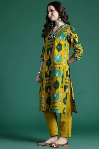 Geometric Printed Cotton Kurta with Trousers & Dupatta