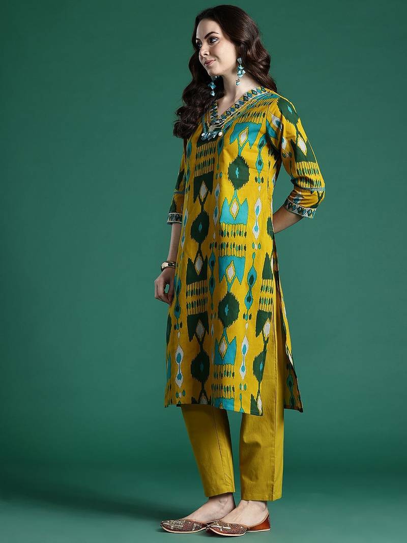 Geometric Printed Cotton Kurta with Trousers & Dupatta