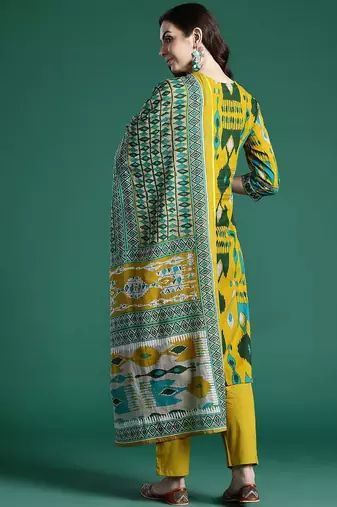 Geometric Printed Cotton Kurta with Trousers & Dupatta