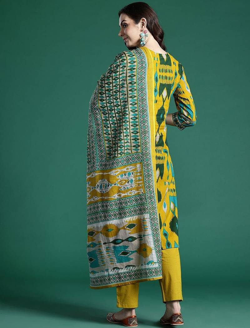 Geometric Printed Cotton Kurta with Trousers & Dupatta