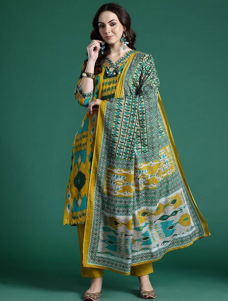 Geometric Printed Cotton Kurta with Trousers & Dupatta
