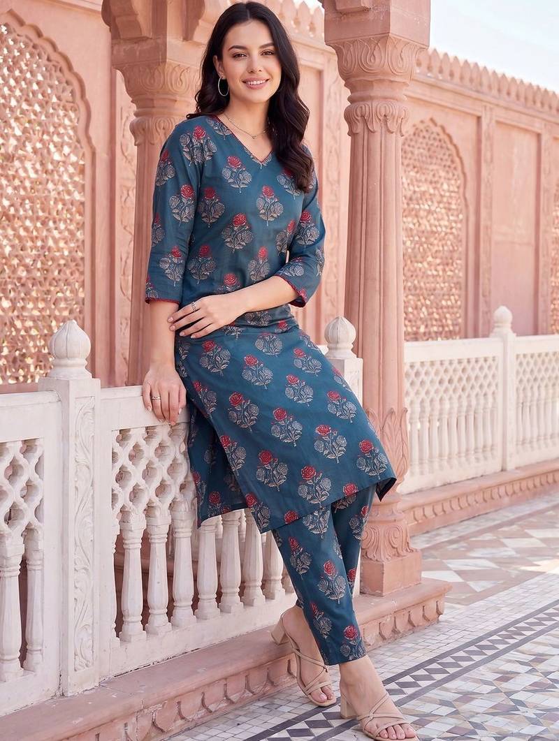 Women Floral Printed Cotton Kurta with Trousers