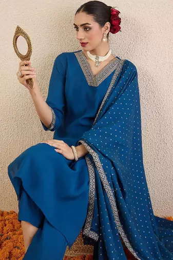 Ethnic Motifs Embroidered V-Neck Straight Kurta With Trousers & Dupatta