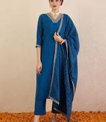 Ethnic Motifs Embroidered V-Neck Straight Kurta With Trousers & Dupatta