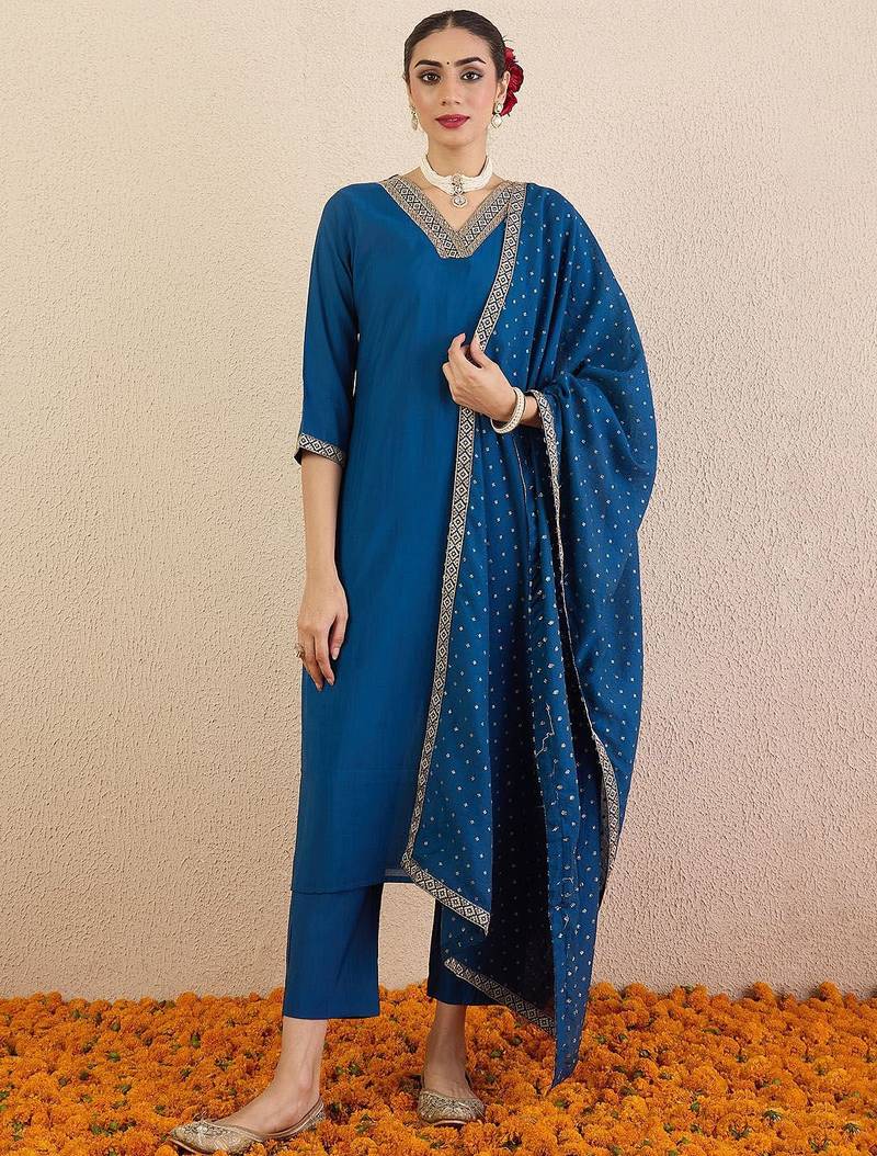 Ethnic Motifs Embroidered V-Neck Straight Kurta With Trousers & Dupatta