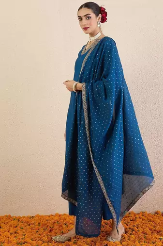 Ethnic Motifs Embroidered V-Neck Straight Kurta With Trousers & Dupatta