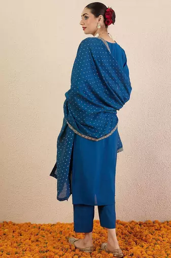 Ethnic Motifs Embroidered V-Neck Straight Kurta With Trousers & Dupatta