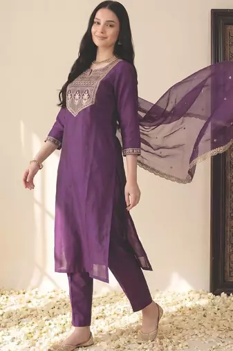 Women Ethnic Motifs Embroidered Sequinned Liva Kurta with Trousers & With Dupatta