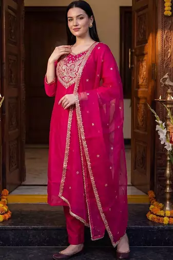 Women Ethnic Motifs Embroidered Thread Work Kurta with Trousers & With Dupatta