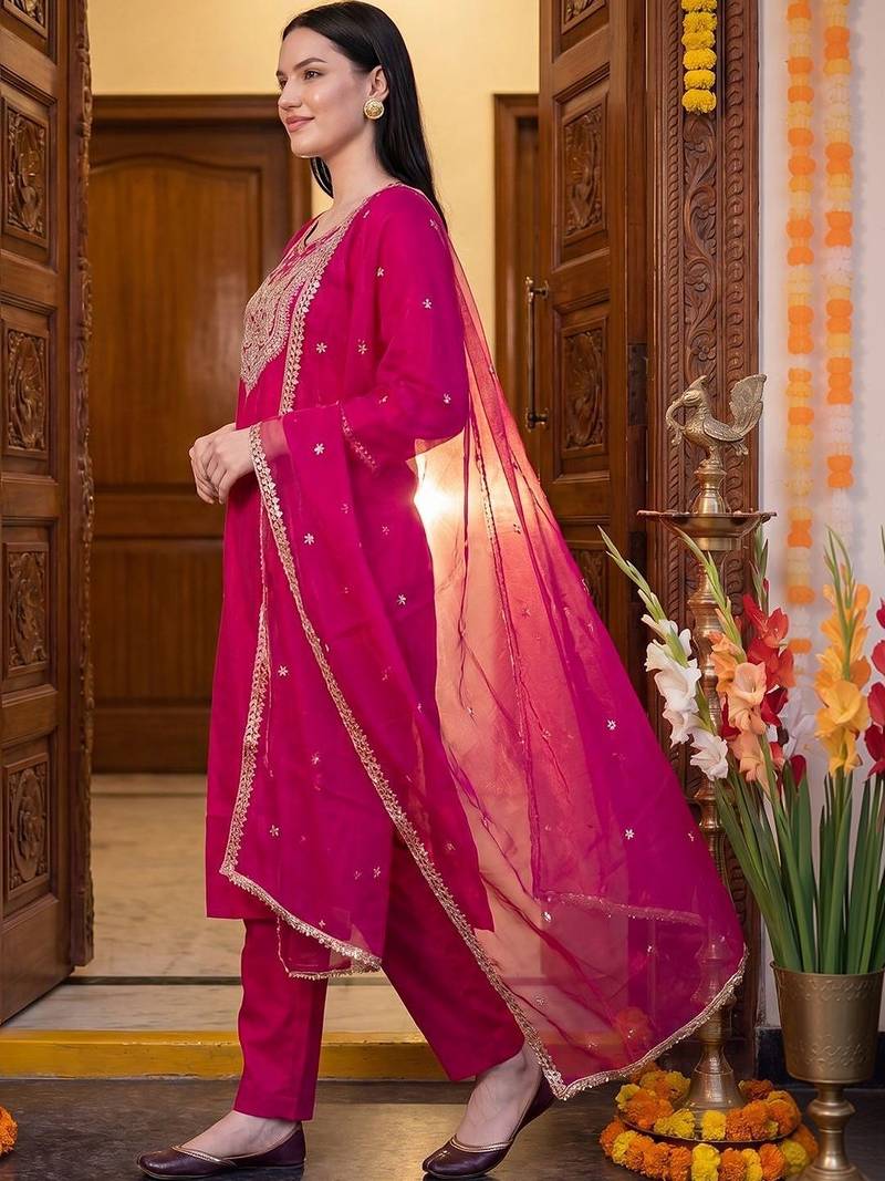 Women Ethnic Motifs Embroidered Thread Work Kurta with Trousers & With Dupatta