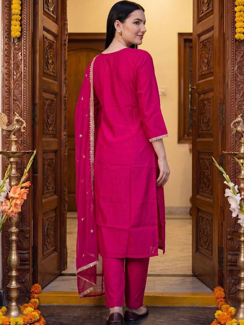 Women Ethnic Motifs Embroidered Thread Work Kurta with Trousers & With Dupatta