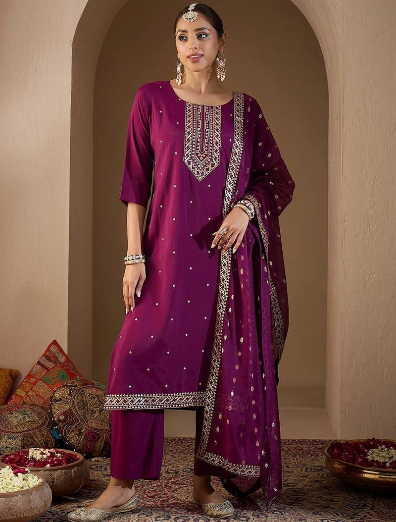 Women Ethnic Motifs Embroidered Sequinned Kurta with Trousers & With Dupatta