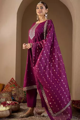 Women Ethnic Motifs Embroidered Sequinned Kurta with Trousers & With Dupatta