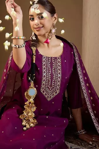 Women Ethnic Motifs Embroidered Sequinned Kurta with Trousers & With Dupatta