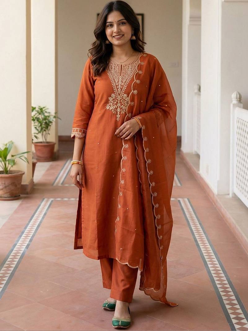 Women Ethnic Motifs Embroidered Thread Work Kurta with Trousers & With Dupatta