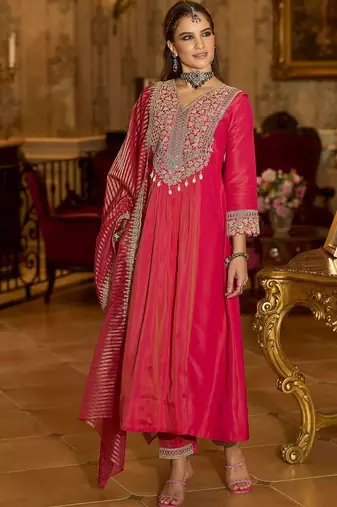 Floral Embroidered V-Neck A-Line Kurta With Trousers & Dupatta