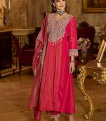Floral Embroidered V-Neck A-Line Kurta With Trousers & Dupatta