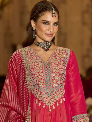 Floral Embroidered V-Neck A-Line Kurta With Trousers & Dupatta 2