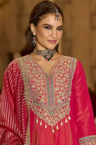 Floral Embroidered V-Neck A-Line Kurta With Trousers & Dupatta