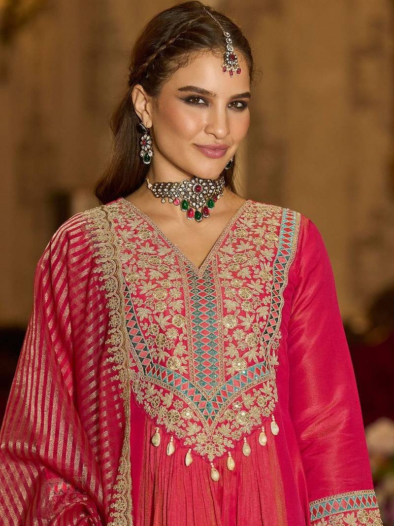 Floral Embroidered V-Neck A-Line Kurta With Trousers & Dupatta