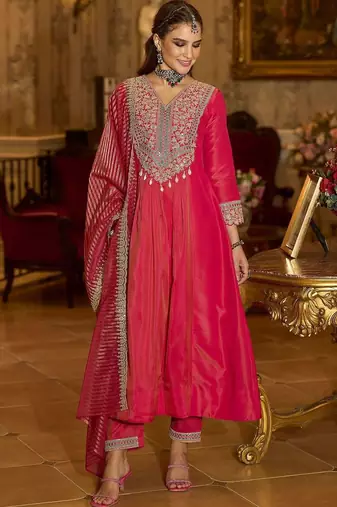 Floral Embroidered V-Neck A-Line Kurta With Trousers & Dupatta