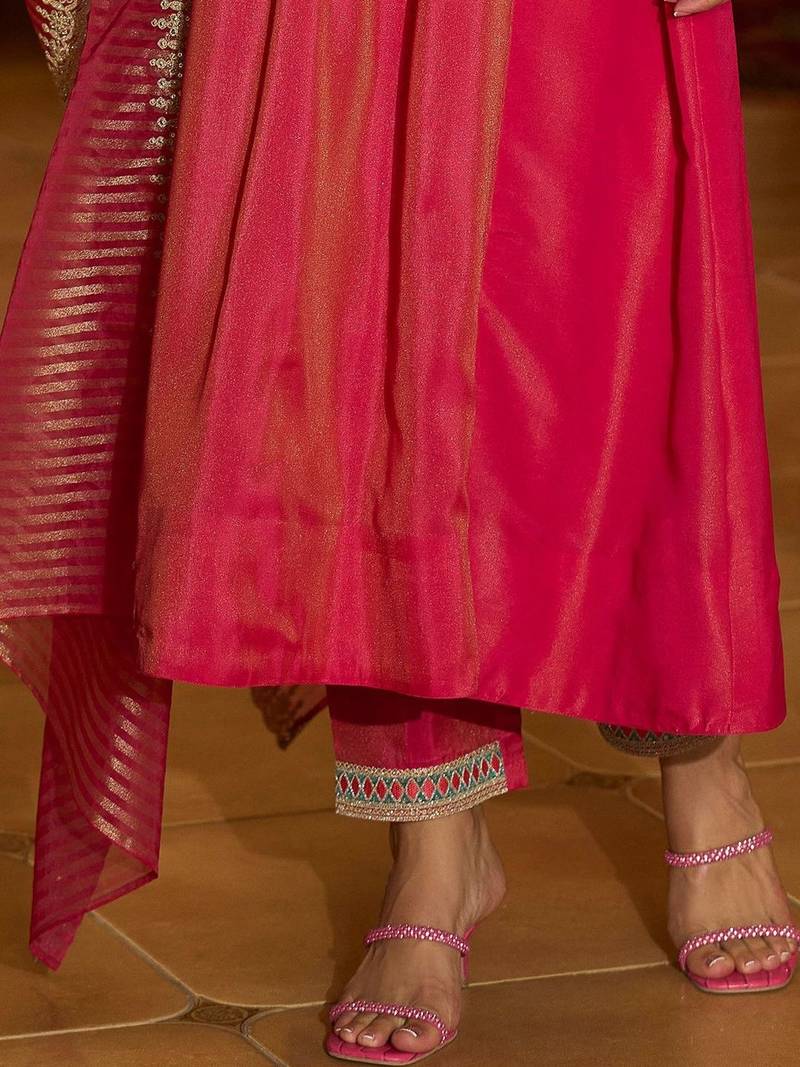 Floral Embroidered V-Neck A-Line Kurta With Trousers & Dupatta