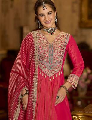 Floral Embroidered V-Neck A-Line Kurta With Trousers & Dupatta 6
