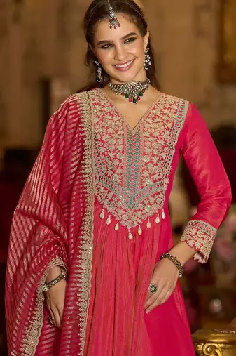 Floral Embroidered V-Neck A-Line Kurta With Trousers & Dupatta