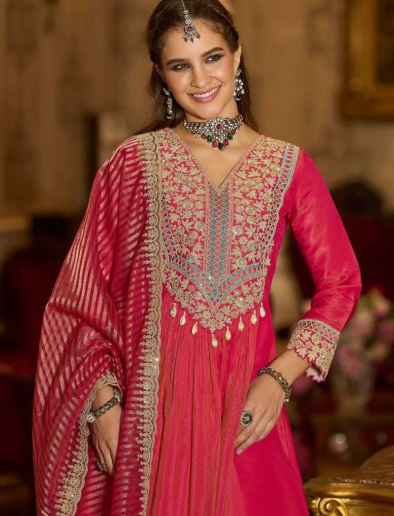 Floral Embroidered V-Neck A-Line Kurta With Trousers & Dupatta