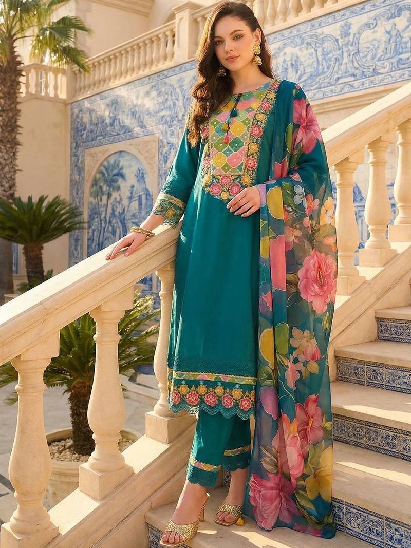 Women Floral Embroidered Thread Work Kurta with Trousers & With Dupatta
