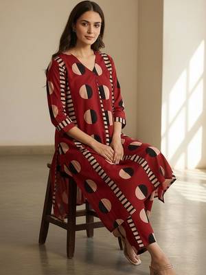 Geometric Printed V-Neck Cotton Straight Kurta With Trousers 1
