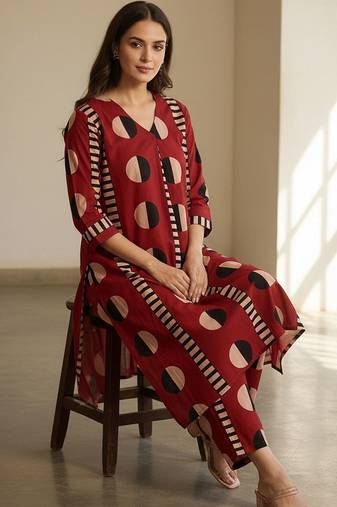 Geometric Printed V-Neck Cotton Straight Kurta With Trousers