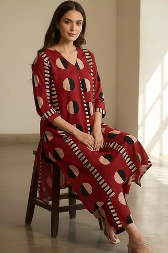 Geometric Printed V-Neck Cotton Straight Kurta With Trousers
