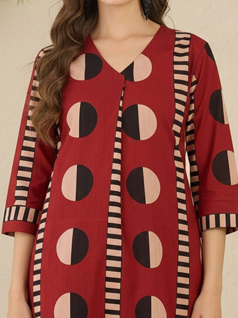 Geometric Printed V-Neck Cotton Straight Kurta With Trousers