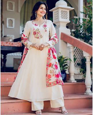 Cream floral embroidered anarkali palazzo suit set 1