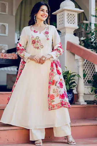 Cream floral embroidered anarkali palazzo suit set