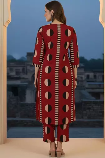 Geometric Printed V-Neck Cotton Straight Kurta With Trousers
