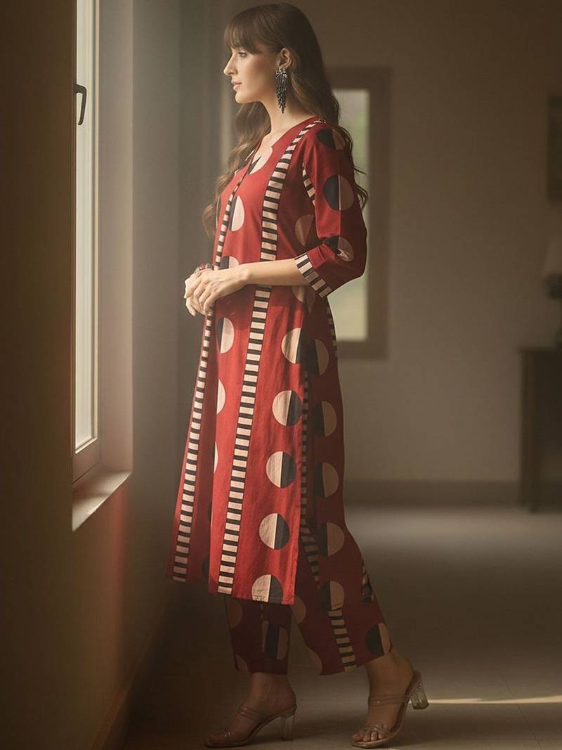 Geometric Printed V-Neck Cotton Straight Kurta With Trousers