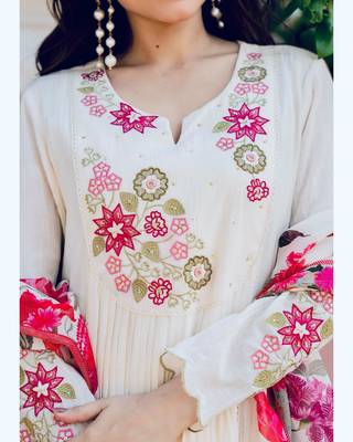 Cream floral embroidered anarkali palazzo suit set 2